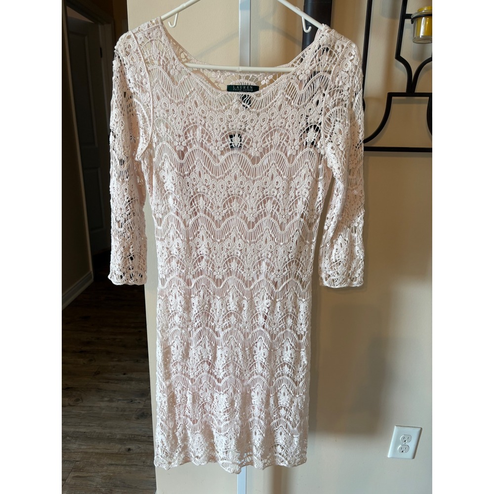 Lauren Ralph Lauren Pink Crochet Lace Sheath Dress 3/4 Sleeve Scoop Neck Size S